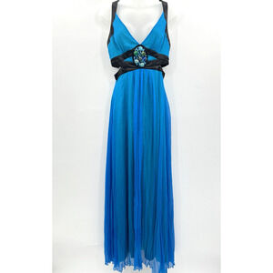Bebe VTG Y2K 100% Silk Chiffon Beaded Gown Sz S Blue Cut Outs Goddess Boho HOCO